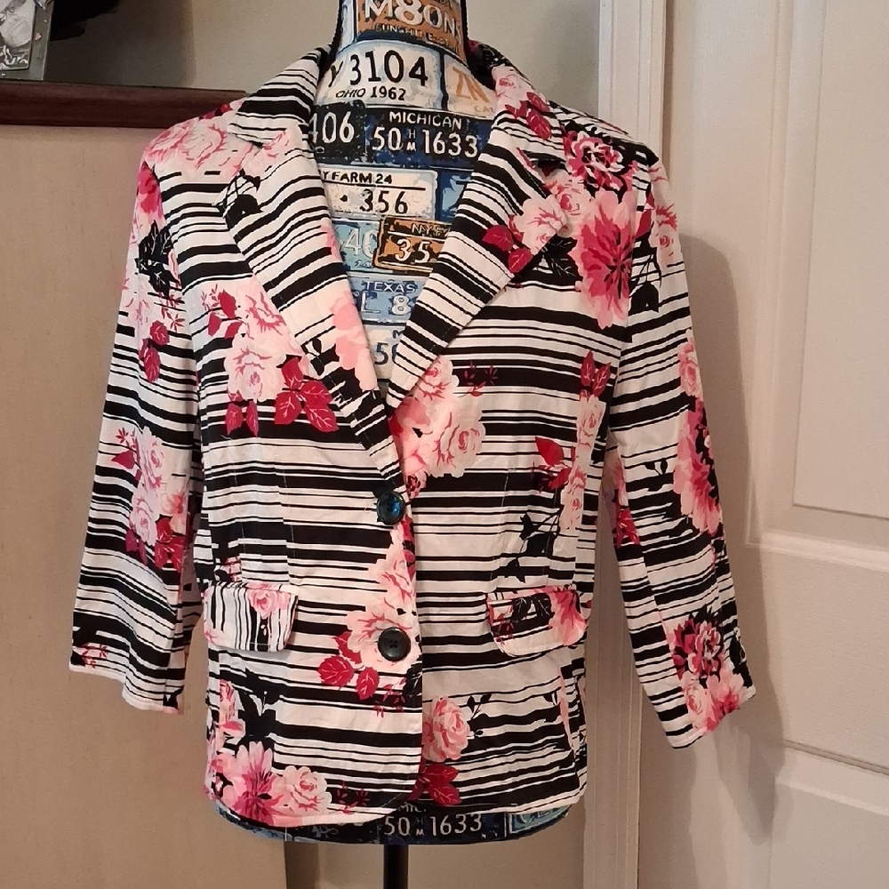 Nue Options Black and White Striped Blazer with Pink Floral Accents
